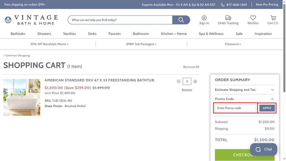 Vintage Tub & Bath checkout page showing the Enter Promo code field and Apply button