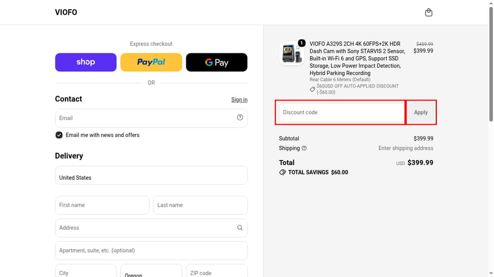VIOFO checkout page showing the Discount code field and Apply button