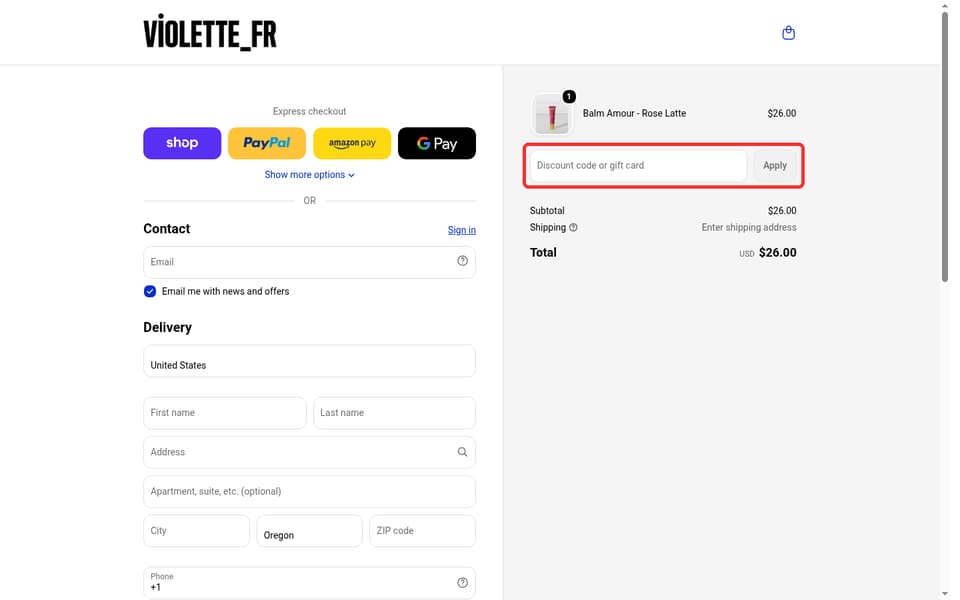 VIOLETTE_FR checkout page showing the Discount code or gift card field and Apply button