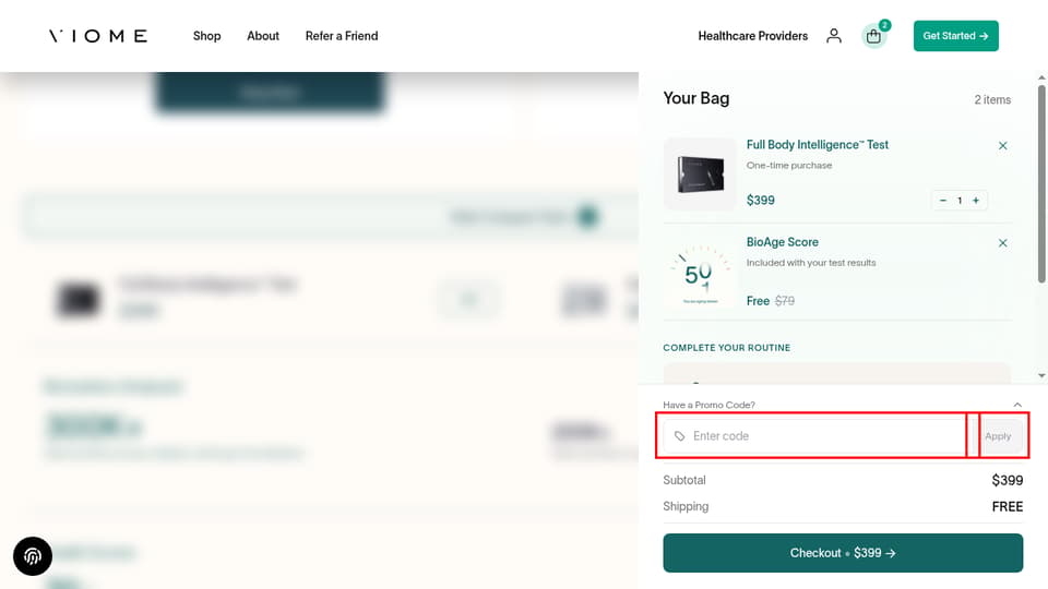 Viome checkout page showing the Enter code field and Apply button