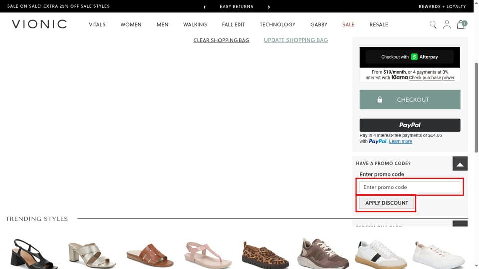 Vionic checkout page showing the Enter promo code field and Apply Discount button
