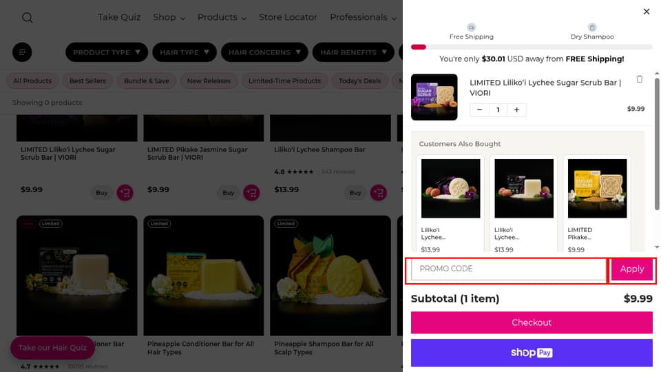 Viori checkout page showing the Promo Code field and Apply button