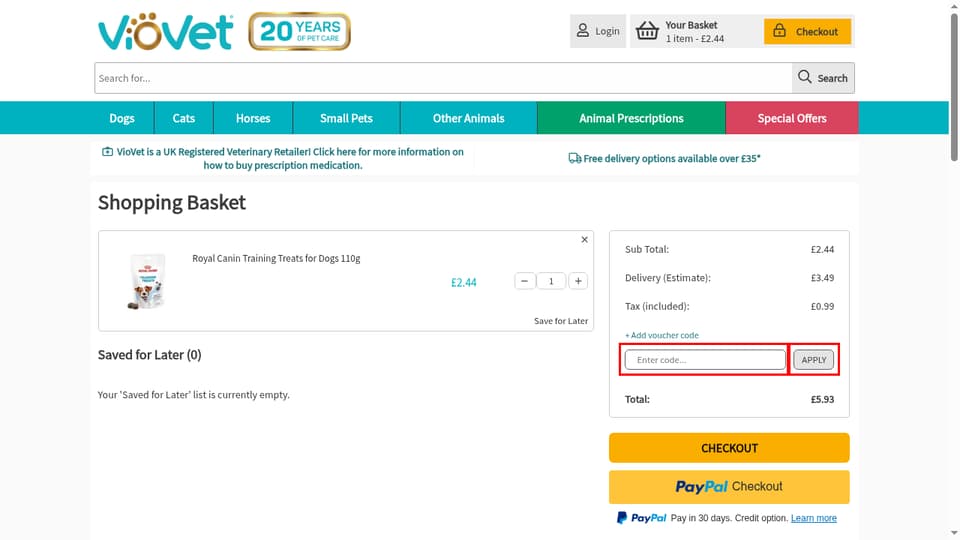 VioVet checkout page showing the Enter code... field and APPLY button
