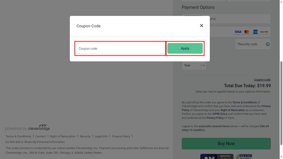 VIPRE Security Group checkout page showing the Coupon code: field and Apply button