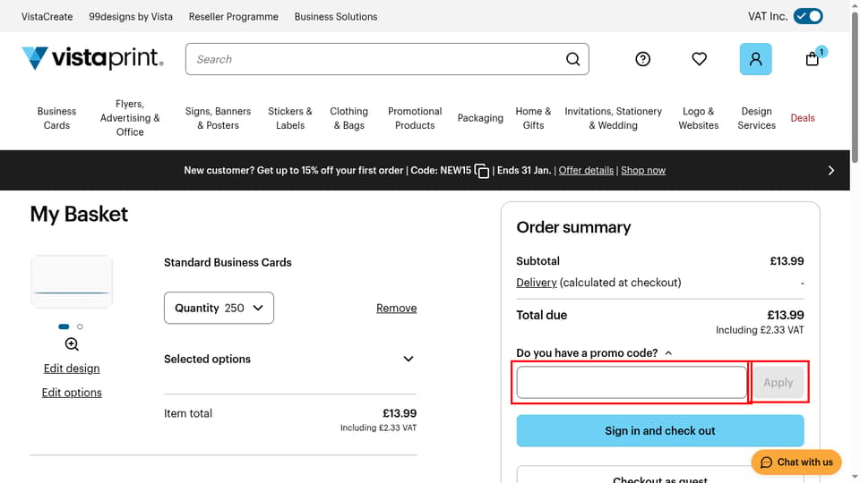 Vistaprint checkout page showing the Enter your promo code field and Apply button