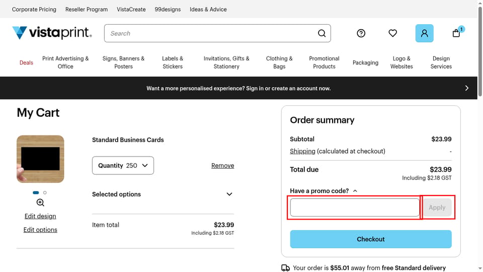 Vistaprint checkout page showing the Enter your promo code field and Apply button