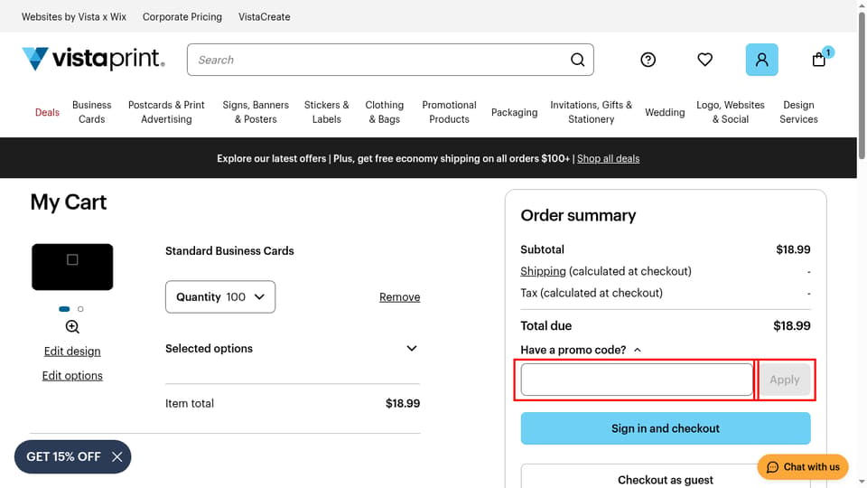 Vistaprint checkout page showing the Enter your promo code field and Apply button