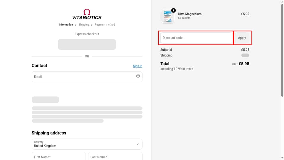 Vitabiotics checkout page showing the Discount code field and Apply button