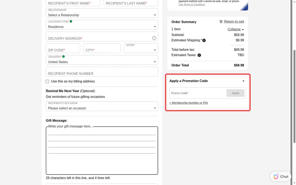 Vital Choice checkout page showing the Promo Code* field and Apply button