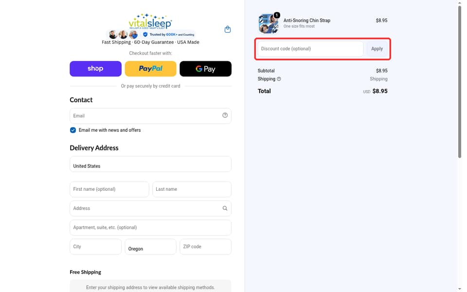 VitalSleep checkout page showing the Discount code (optional) field and Apply button