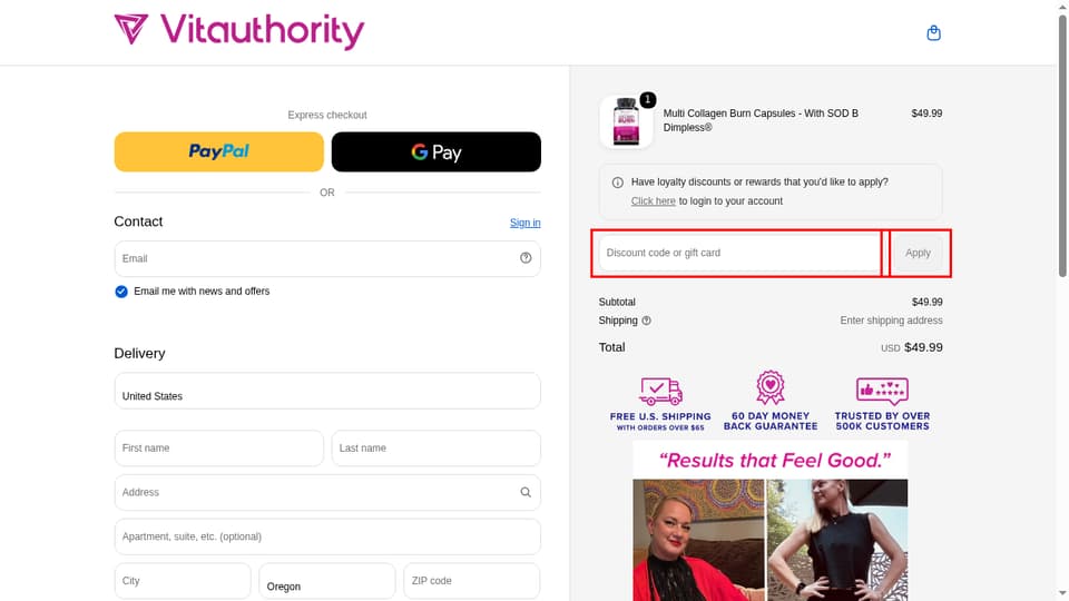 Vitauthority checkout page showing the Discount code or gift card field and Apply button