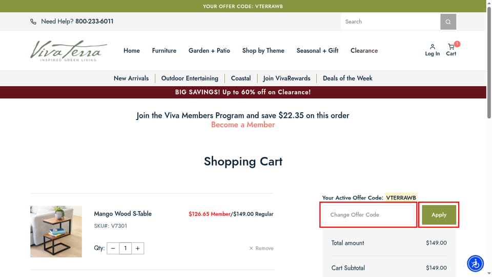 VivaTerra checkout page showing the Change Offer Code field and Apply button
