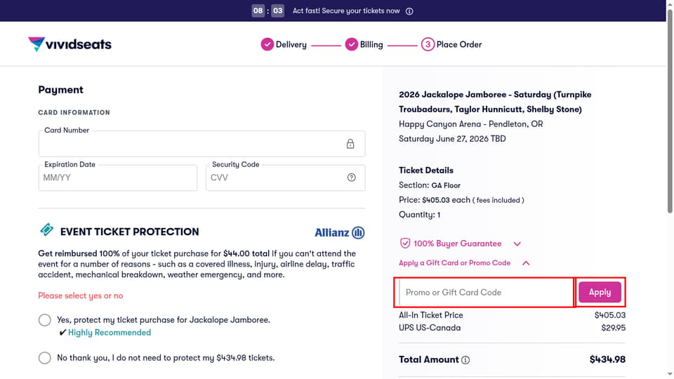 Vivid Seats checkout page showing the Promo or Gift Card Code field and Apply button