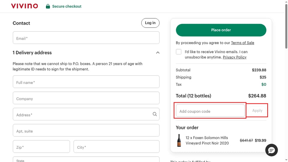 Vivino checkout page showing the Add coupon code field and Apply button