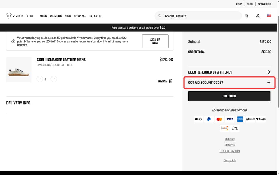 Vivobarefoot checkout page showing the Enter discount code field and Apply button