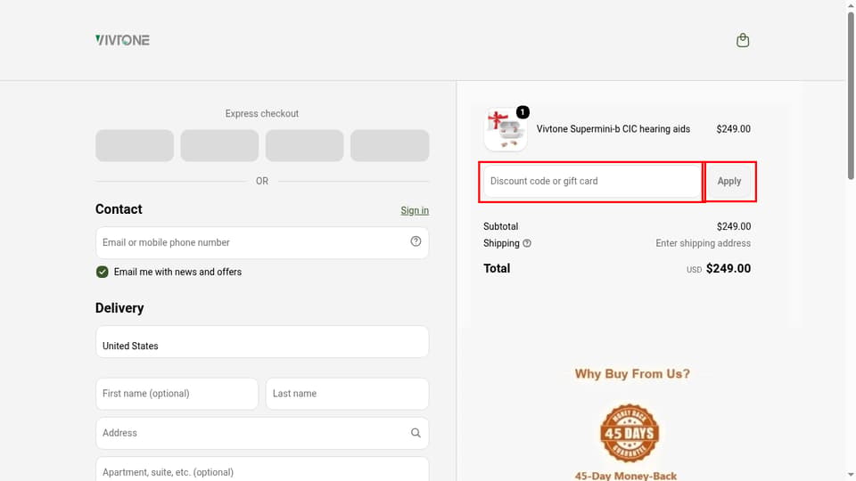 Vivtone checkout page showing the Discount code or gift card field and Apply button