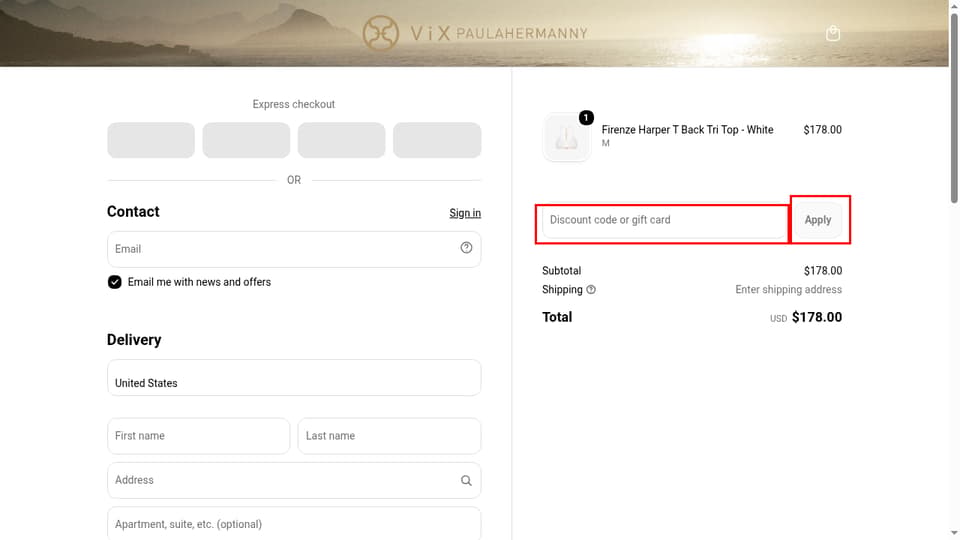 ViX Paula Hermanny checkout page showing the Discount code or gift card field and Apply button