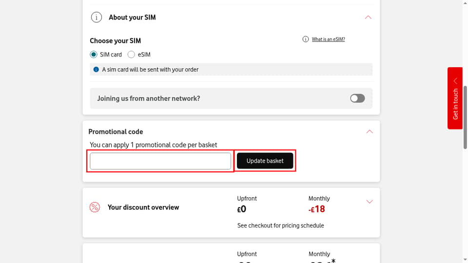 Vodafone UK checkout page showing the promo code field and Update basket button