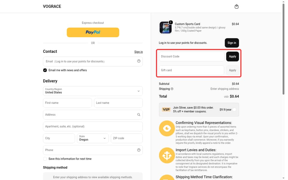 Vograce checkout page showing the Gift card field and Apply button