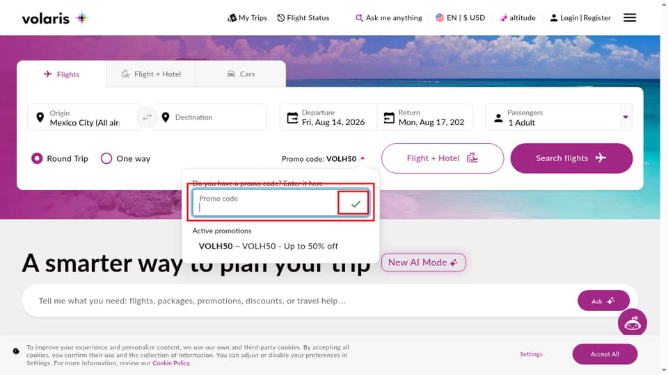 Volaris checkout page showing the Promo code field and Apply button