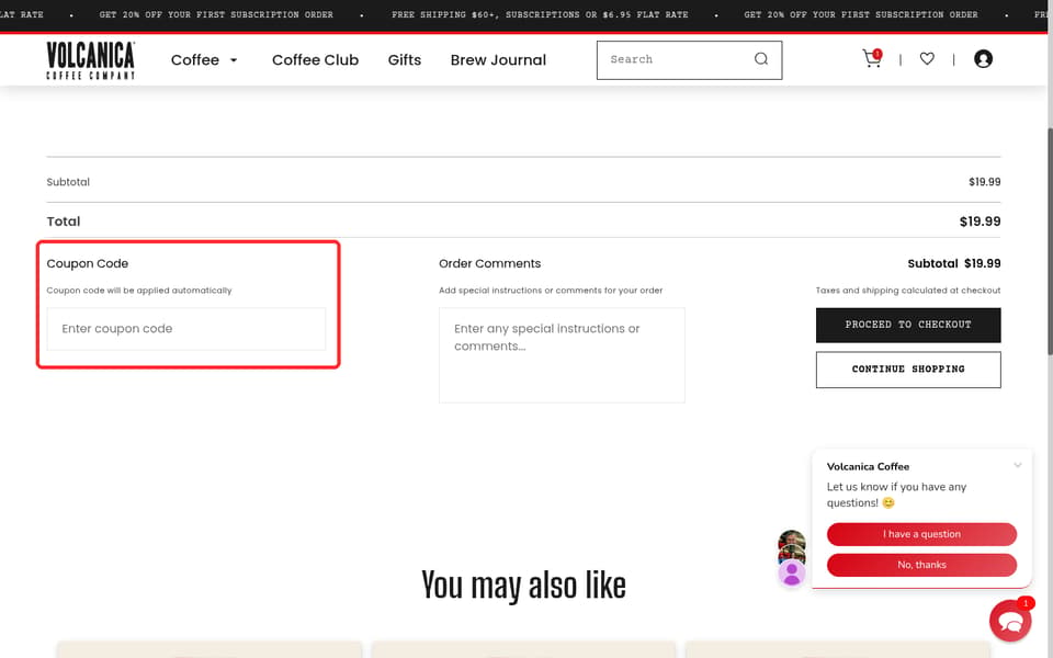 Volcanica Coffee checkout page showing the Enter coupon code field and Apply button