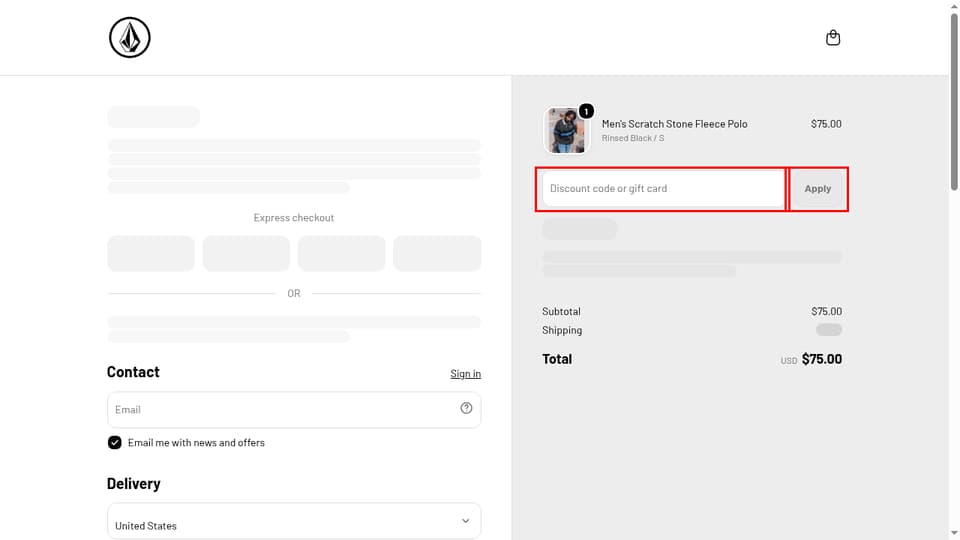 Volcom checkout page showing the Discount code or gift card field and Apply button
