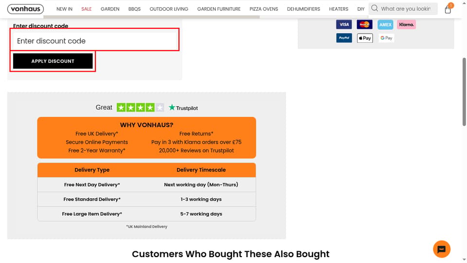 VonHaus checkout page showing the Enter discount code field and Apply Discount button