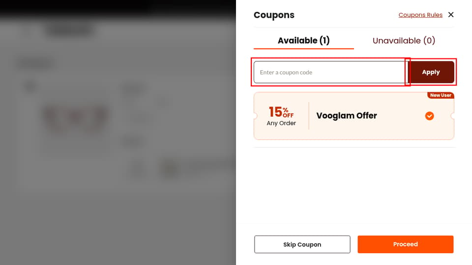 Vooglam checkout page showing the Enter a coupon code field and Apply button
