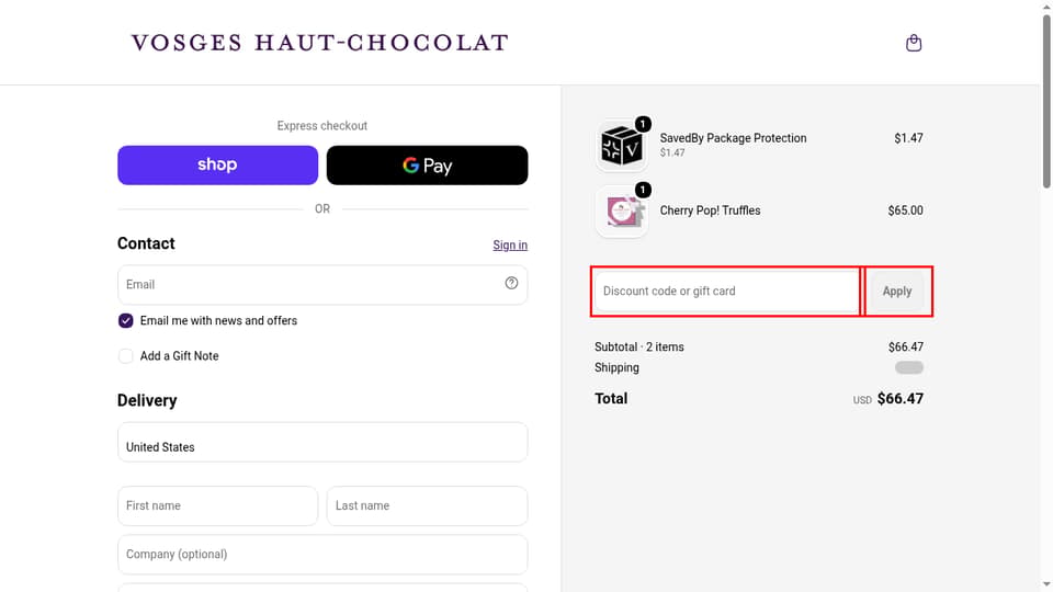 Vosges Haut-Chocolat checkout page showing the Discount code or gift card field and Apply button