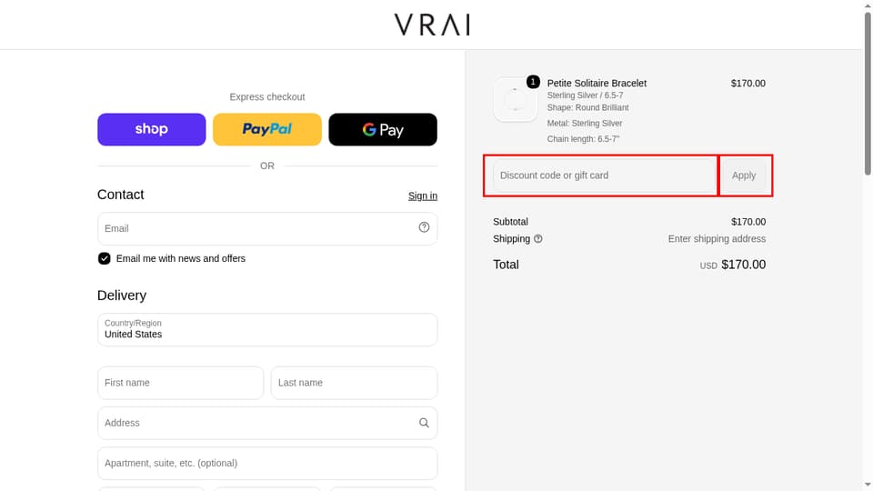 VRAI checkout page showing the Discount code or gift card field and Apply button