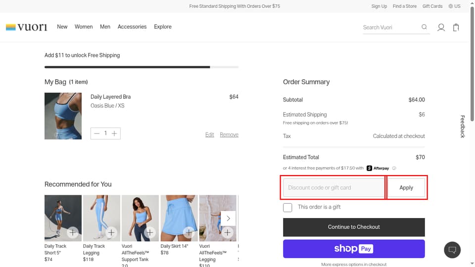 Vuori checkout page showing the Discount code or gift card field and Apply button