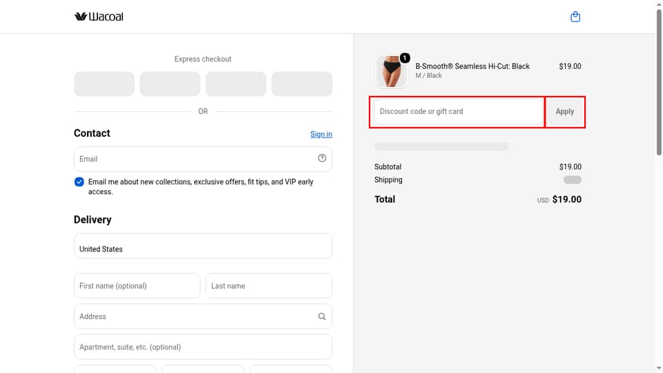 Wacoal checkout page showing the Discount code or gift card field and Apply button