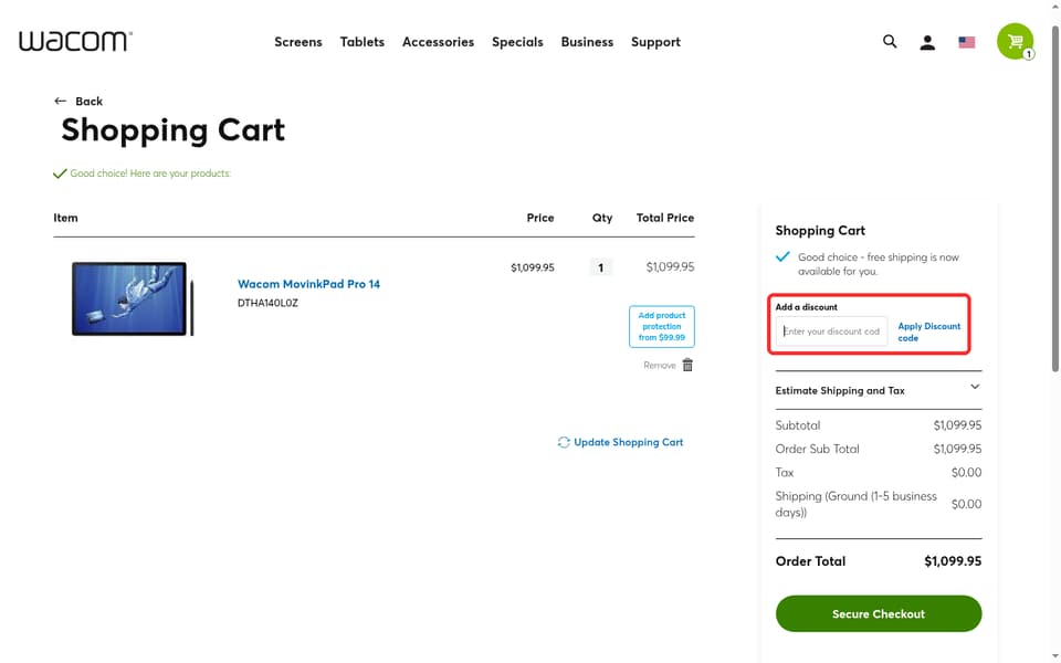 Wacom checkout page showing the Enter your discount code field and Apply Discount code button