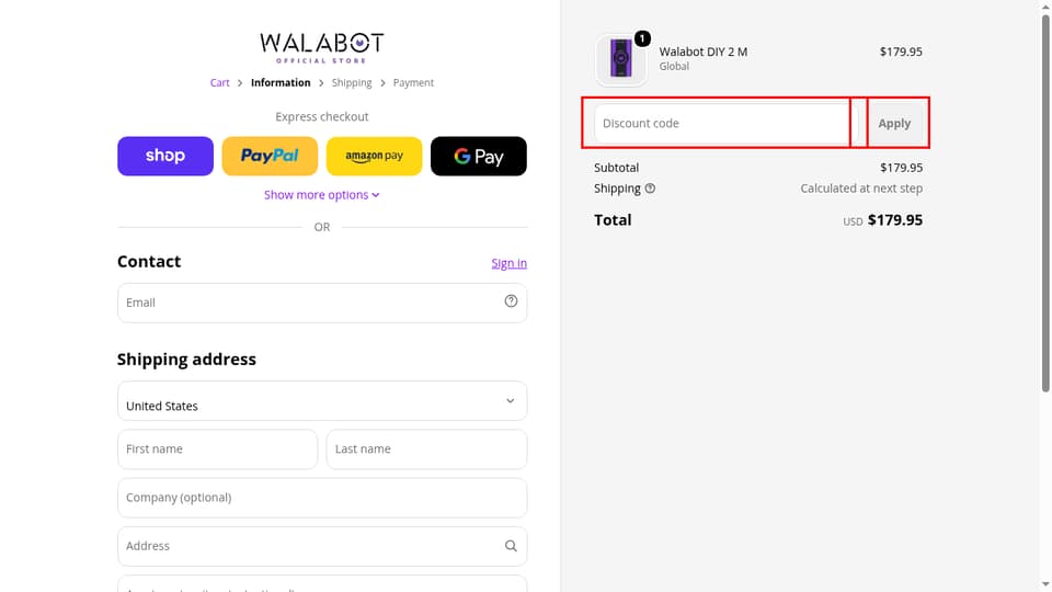 Walobot checkout page showing the Discount code field and Apply button