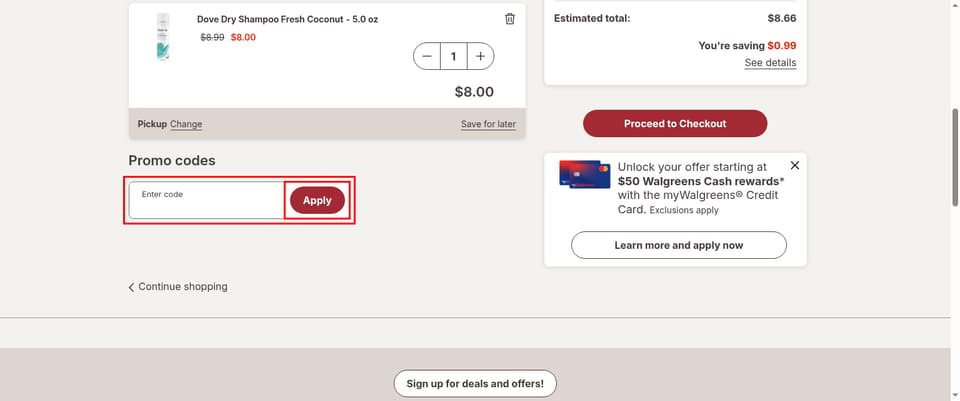 Walgreens checkout page showing the Enter code field and Apply button