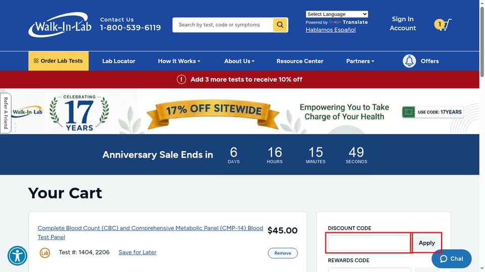 Walk-In Lab checkout page showing the Coupon Code field and Apply button