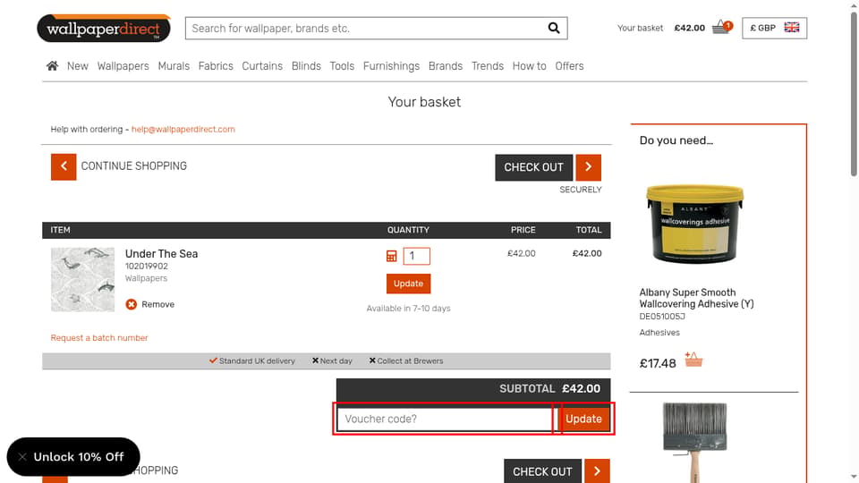 wallpaperdirect checkout page showing the Voucher code? field and Update button
