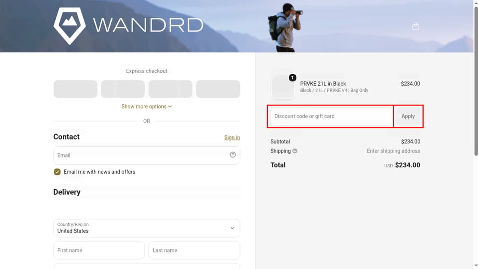 WANDRD checkout page showing the Discount code or gift card field and Apply button