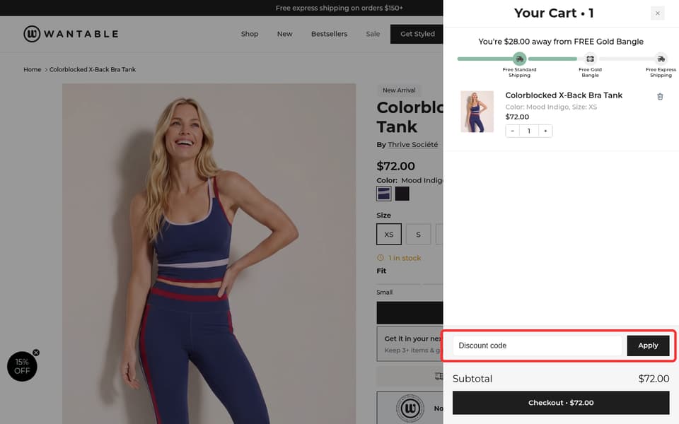 Wantable checkout page showing the Discount code field and Apply button