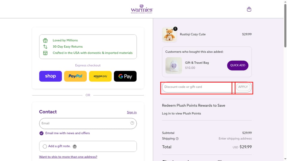 Warmies checkout page showing the Discount code or gift card field and Apply button