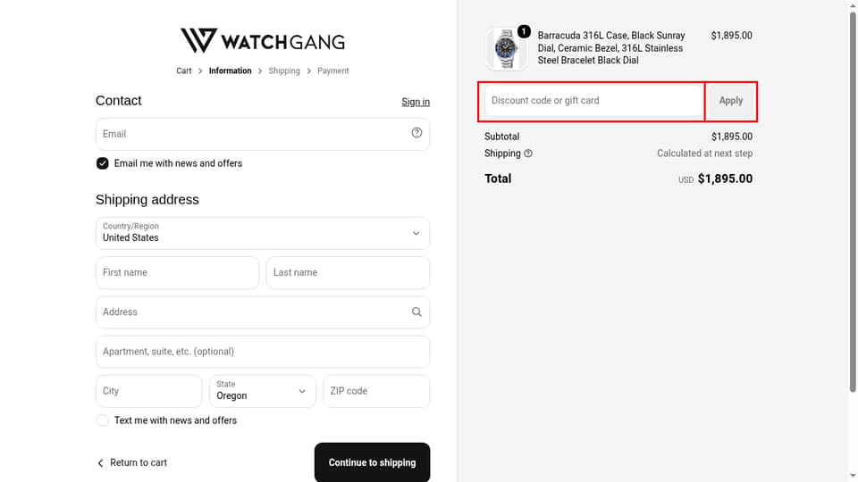 Watch Gang checkout page showing the Discount code or gift card field and Apply button