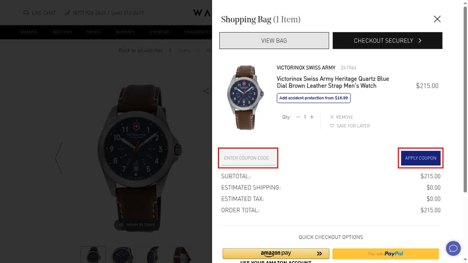 WatchMaxx checkout page showing the ENTER COUPON CODE field and APPLY COUPON button