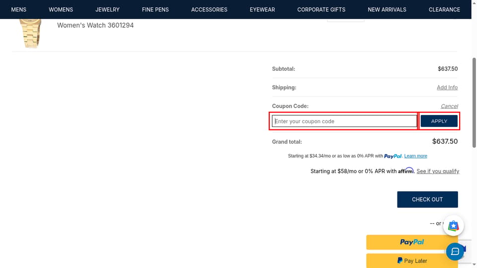 Watch Warehouse checkout page showing the Enter your coupon code field and Apply button