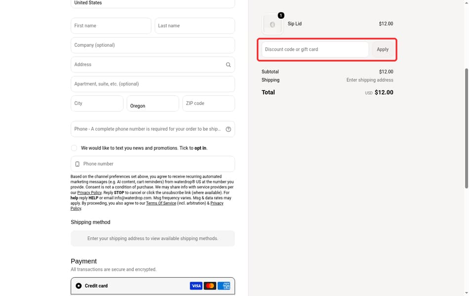 WaterDrop checkout page showing the Discount code or gift card field and Apply button