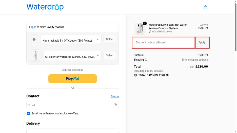 Waterdrop checkout page showing the Discount code or gift card field and Apply button