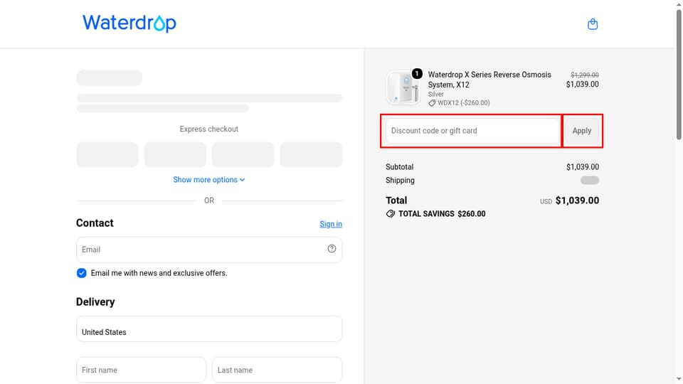 Waterdrop checkout page showing the Discount code or gift card field and Apply button