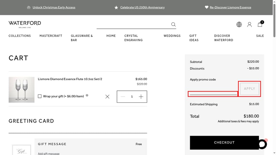 Waterford checkout page showing the Apply promo code field and Apply button