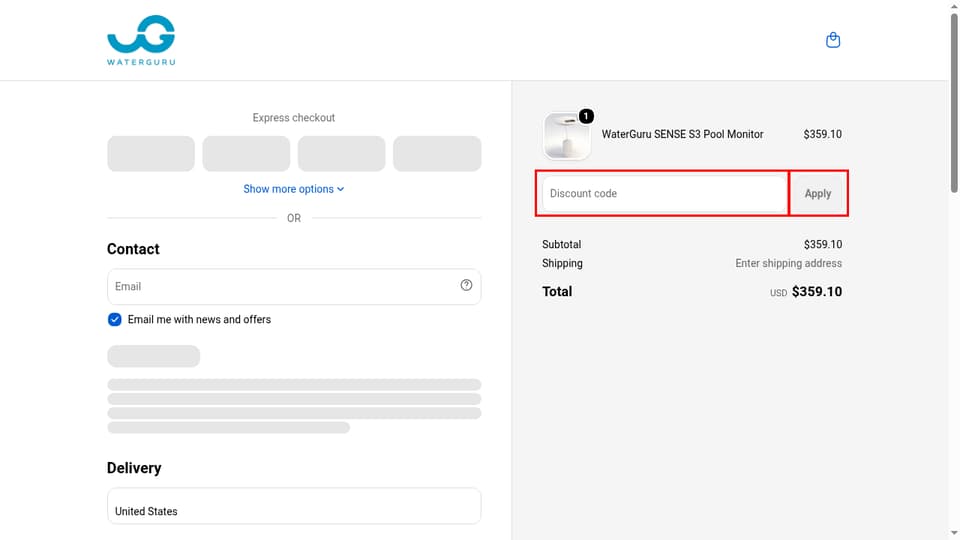 WaterGuru checkout page showing the Discount code field and Apply button