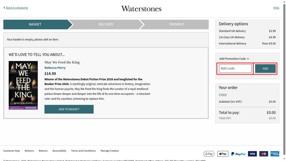 Waterstones checkout page showing the Add code field and ADD button
