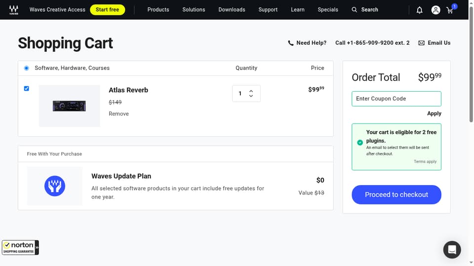 Waves Audio checkout page showing the Enter Coupon Code field and Apply button